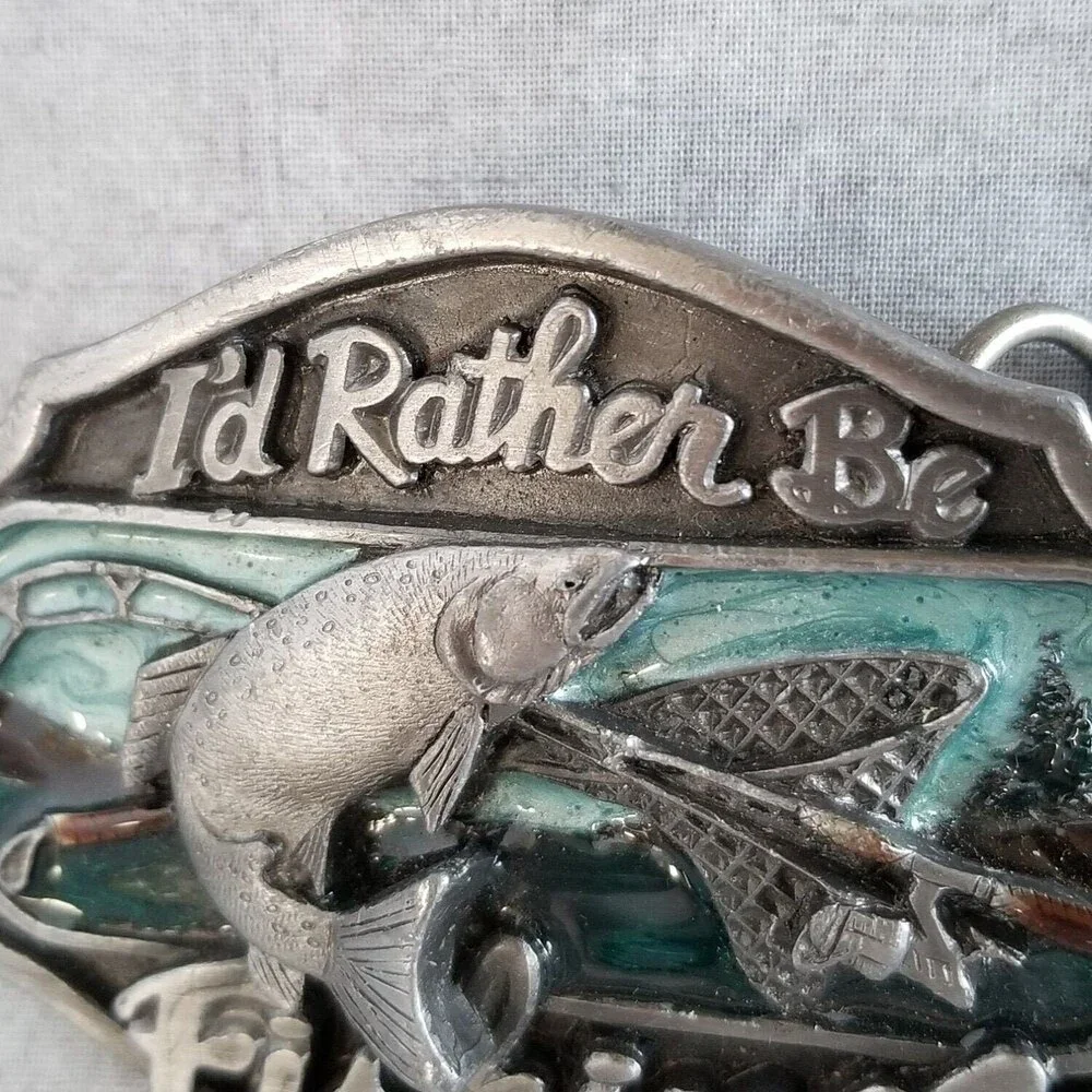 Vintage I'd Rather Be‎ Fishing Belt Buckle Rio Grande Buckle Co. 1989 Pewter